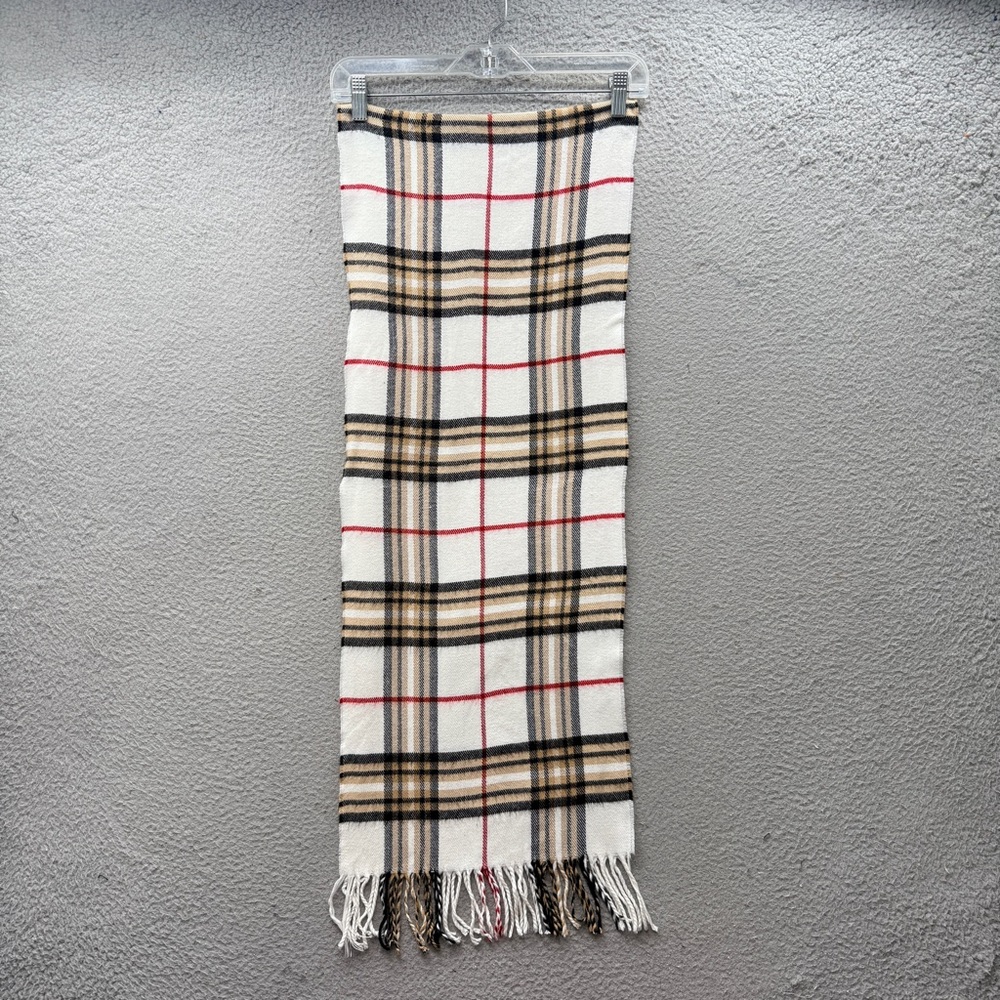 100% Cashmere Beige Plaid Scarf Fringe Unisex Very Soft Made In Scotland